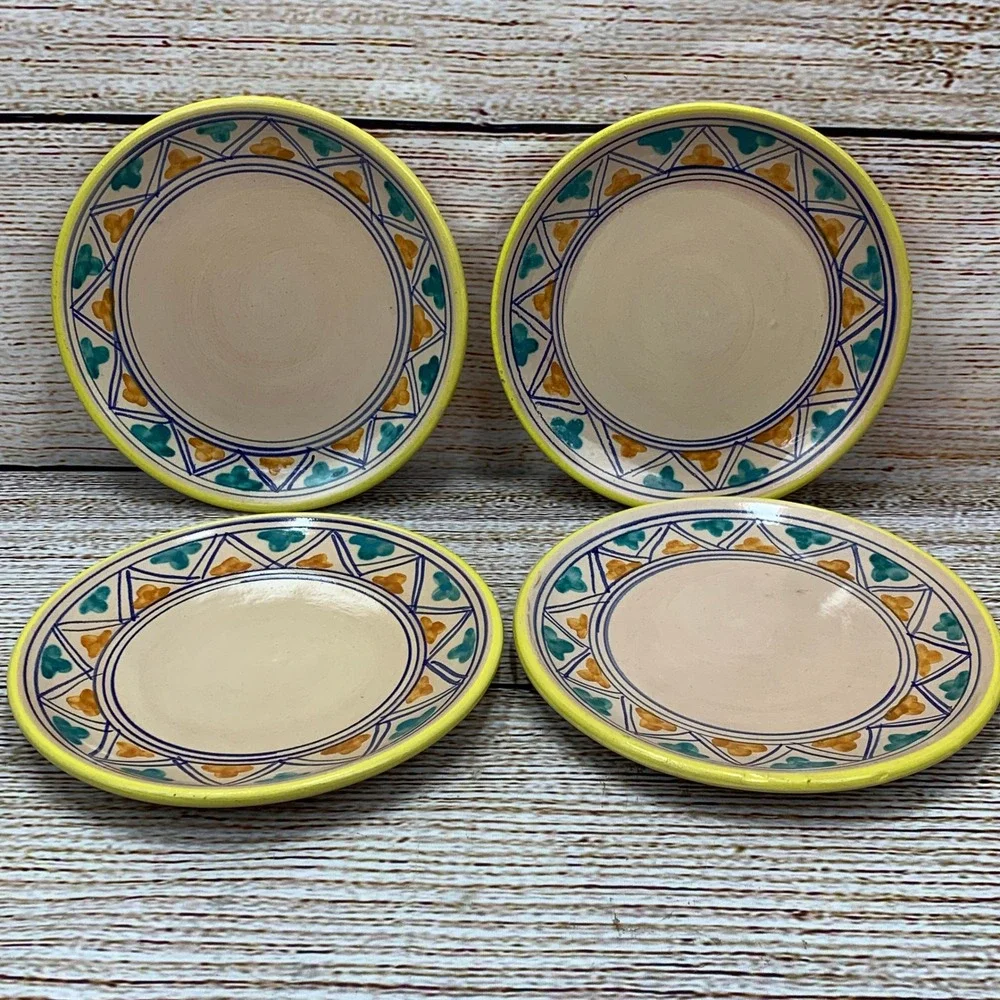 Set‎ of 4 Italian Decorative Plates Yellow Tan Geometric Design Made in Italy